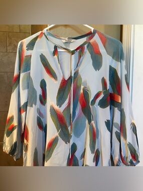 Tucker Sky Blue Silk Feather-Print Tie-Neck Blouse Top Tunic